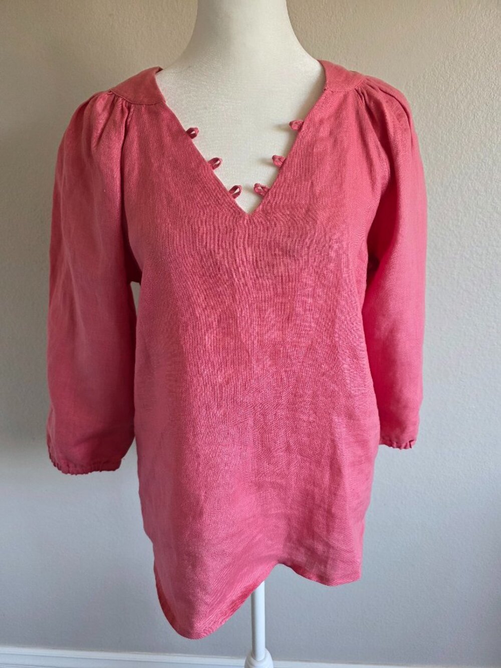 Abito Collection 100% Linen Top Blouse Popover Pink Puff Sleeves V-Neck Size M
